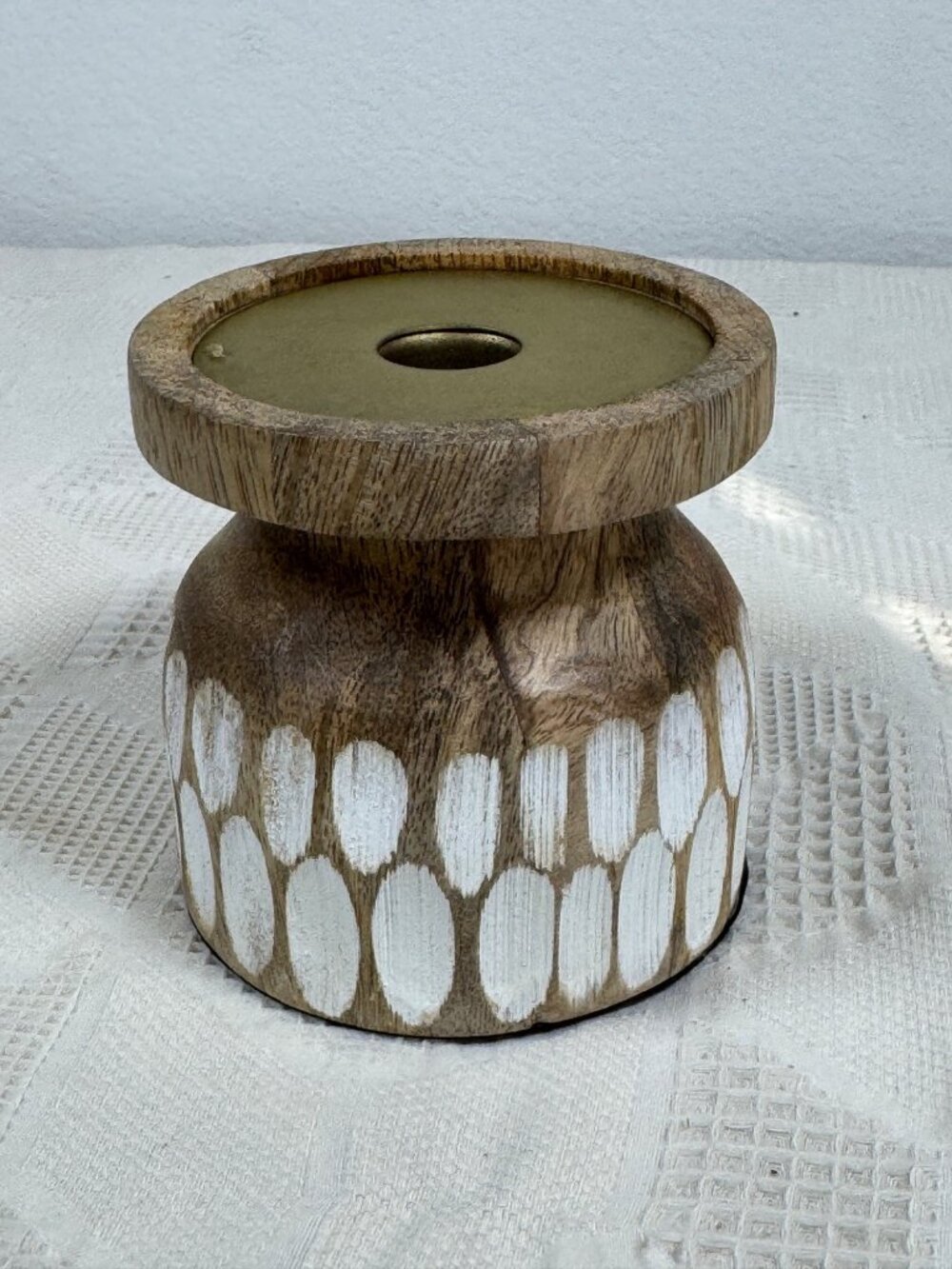 Wooden Candle Holder w Painted White Dotted Design Rustic or Farmhouse Decor